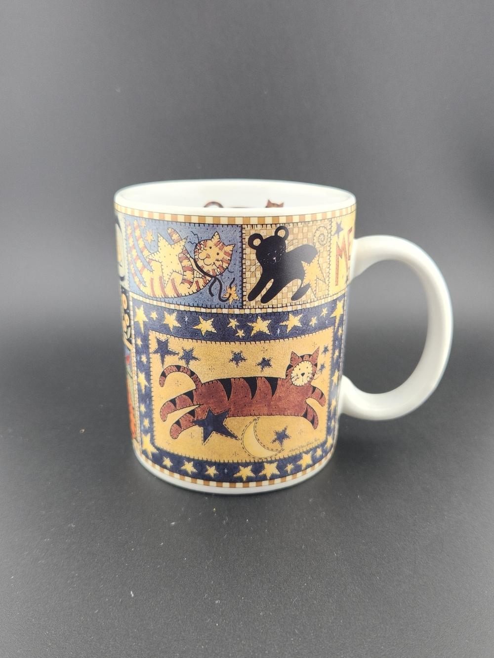 Vintage 1997 Decorative Cat Patchwork Ceramic Mug - Blue and Tan